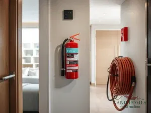 Bình chữa cháy và vòi chữa cháy được lắp đặt trong hành lang chung cư mini