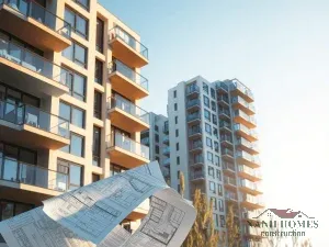 Căn hộ mini hiện đại với bản thiết kế kiến trúc theo Luật Nhà ở 2023, ánh sáng tự nhiên, phong cách nhiếp ảnh bất động sản chuyên nghiệp