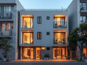 Chung cư mini hiện đại với nhiều căn hộ cho thuê, kiến trúc sạch sẽ, ánh sáng tự nhiên ấm áp